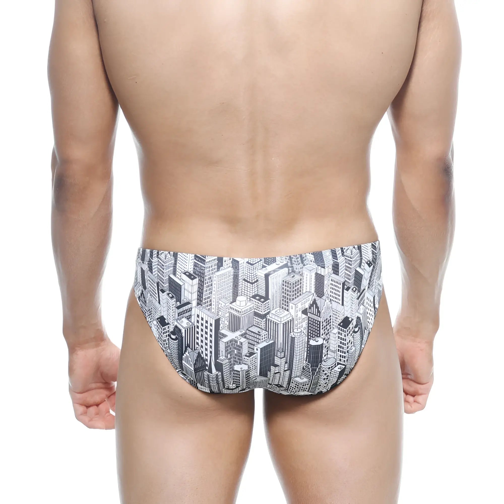 MetroMaleWear Vasco Hip Brief Metro 5103-48 black and white illustrated cityscape patterned swim trunks front view