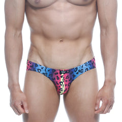 Metro male wear vasco hip brief neon 5103-05 features vibrant multicolored leopard print with pink blue yellow gradient