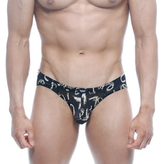 Black briefs with white abstract graffiti pattern from metromalewear vasco hip brief oraculo 5103-78 collection