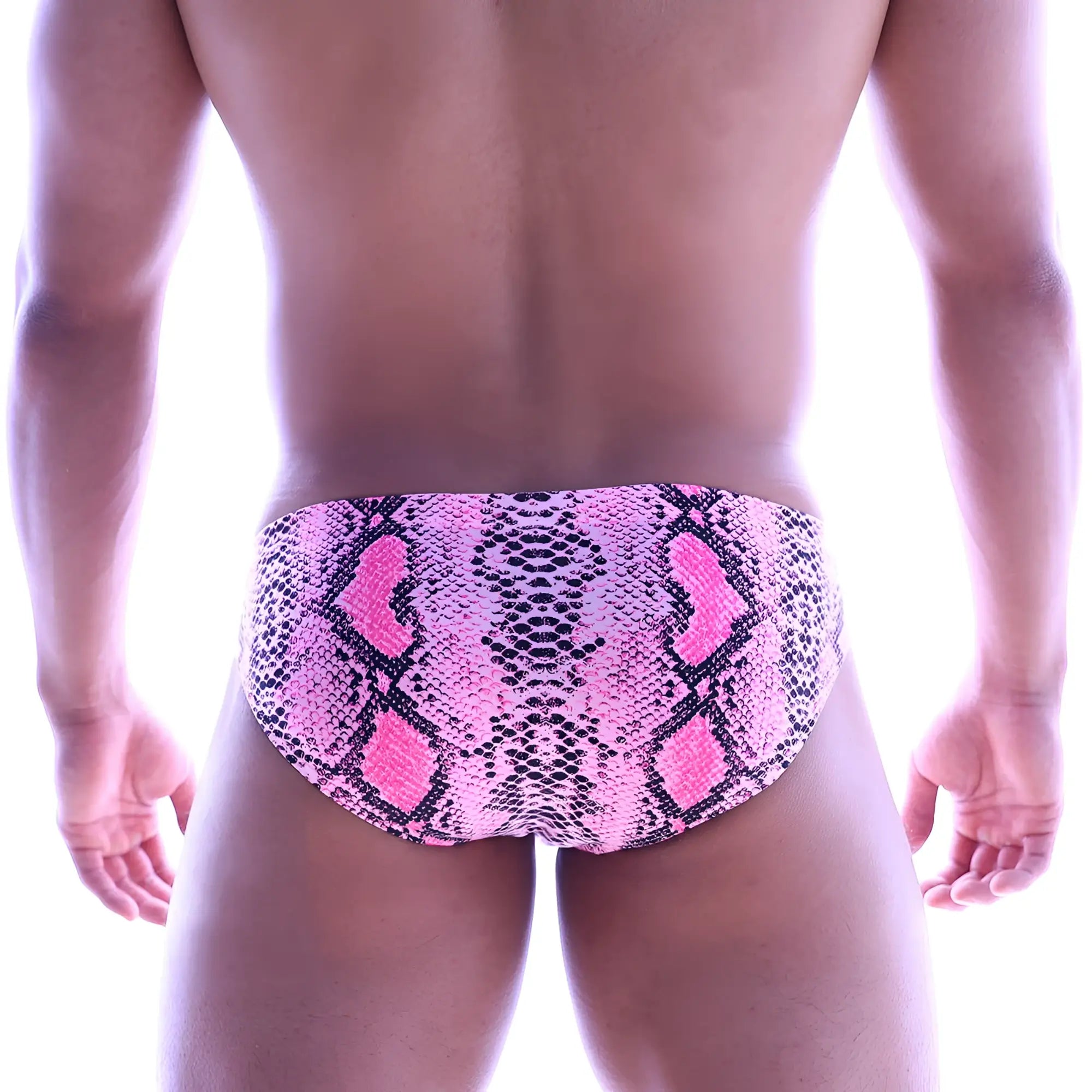 Pink snake-skin patterned swim trunks metro malewear vasco hip brief designed for stylish beachwear