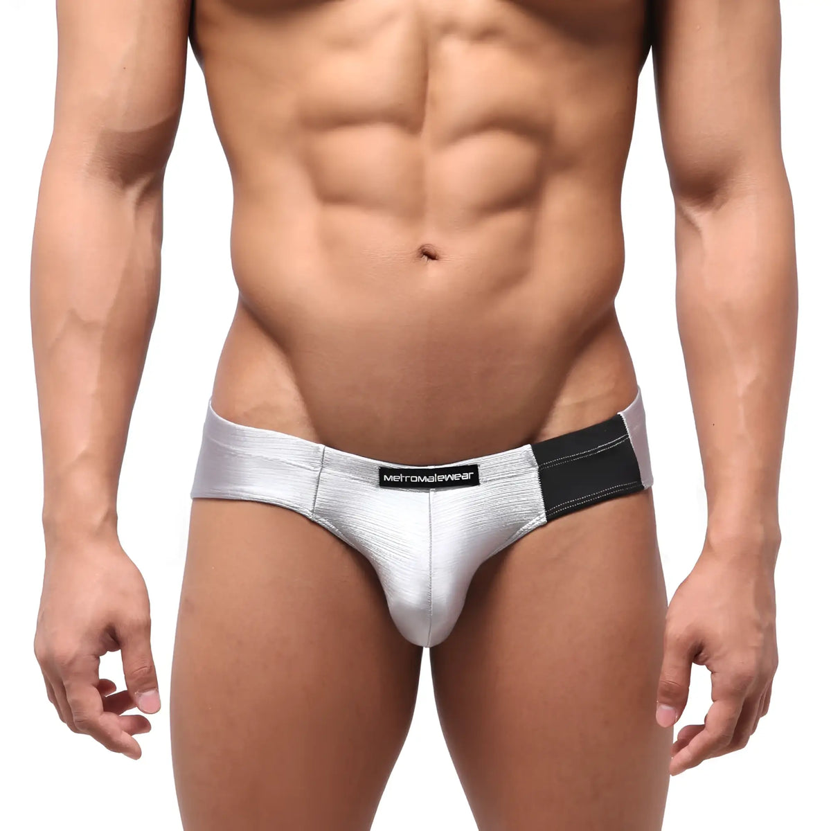 Silver metallic briefs with black elastic waistband featuring metromalewear label metro malewear vasco hip brief titanium