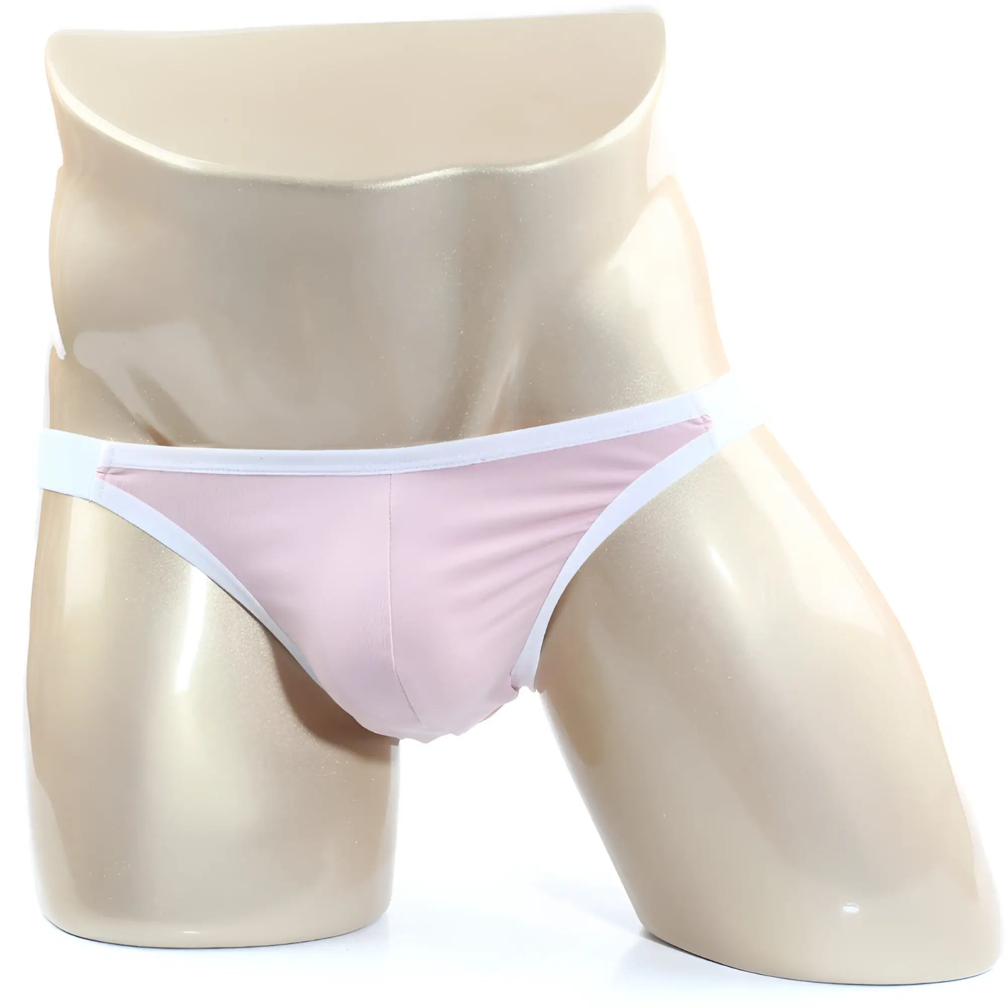 Pink thong with white trim on a mannequin from metroMalewear verano bikini dusty pink 3606-02 collection