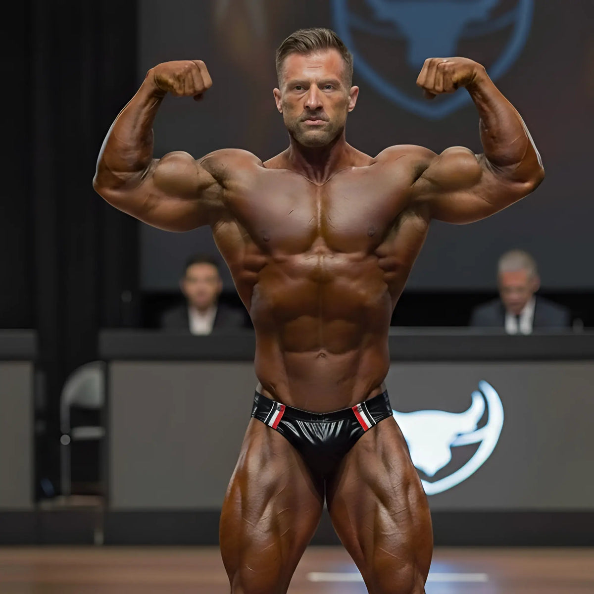A muscular man flexing in black red and white striped MetroMaleWear versatile leather swim briefs at bodybuilding contest