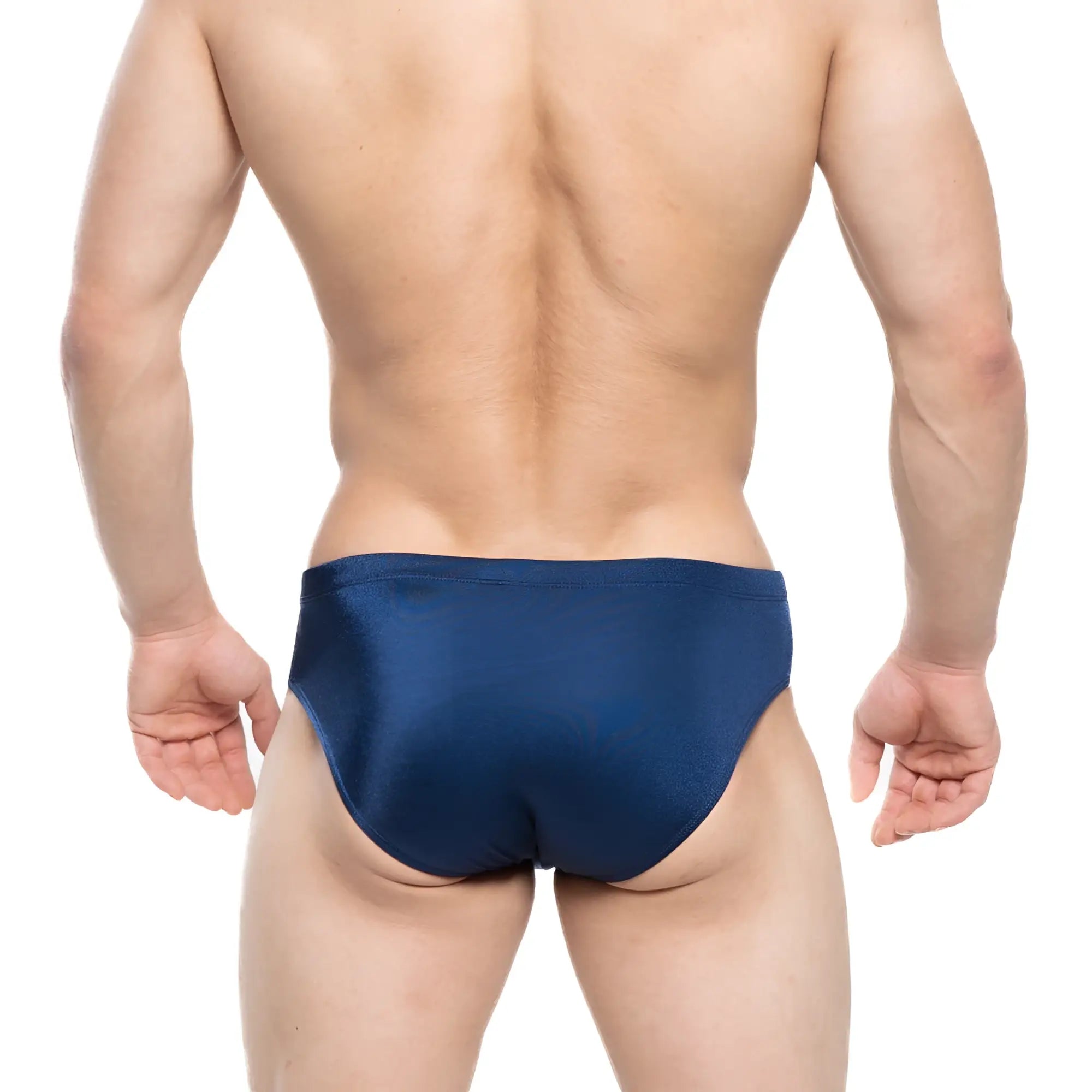 Navy blue satin swim briefs by MetroMaleWear featuring a sleek design for comfortable water use