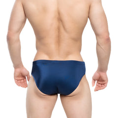 Navy blue satin swim briefs by MetroMaleWear featuring a sleek design for comfortable water use