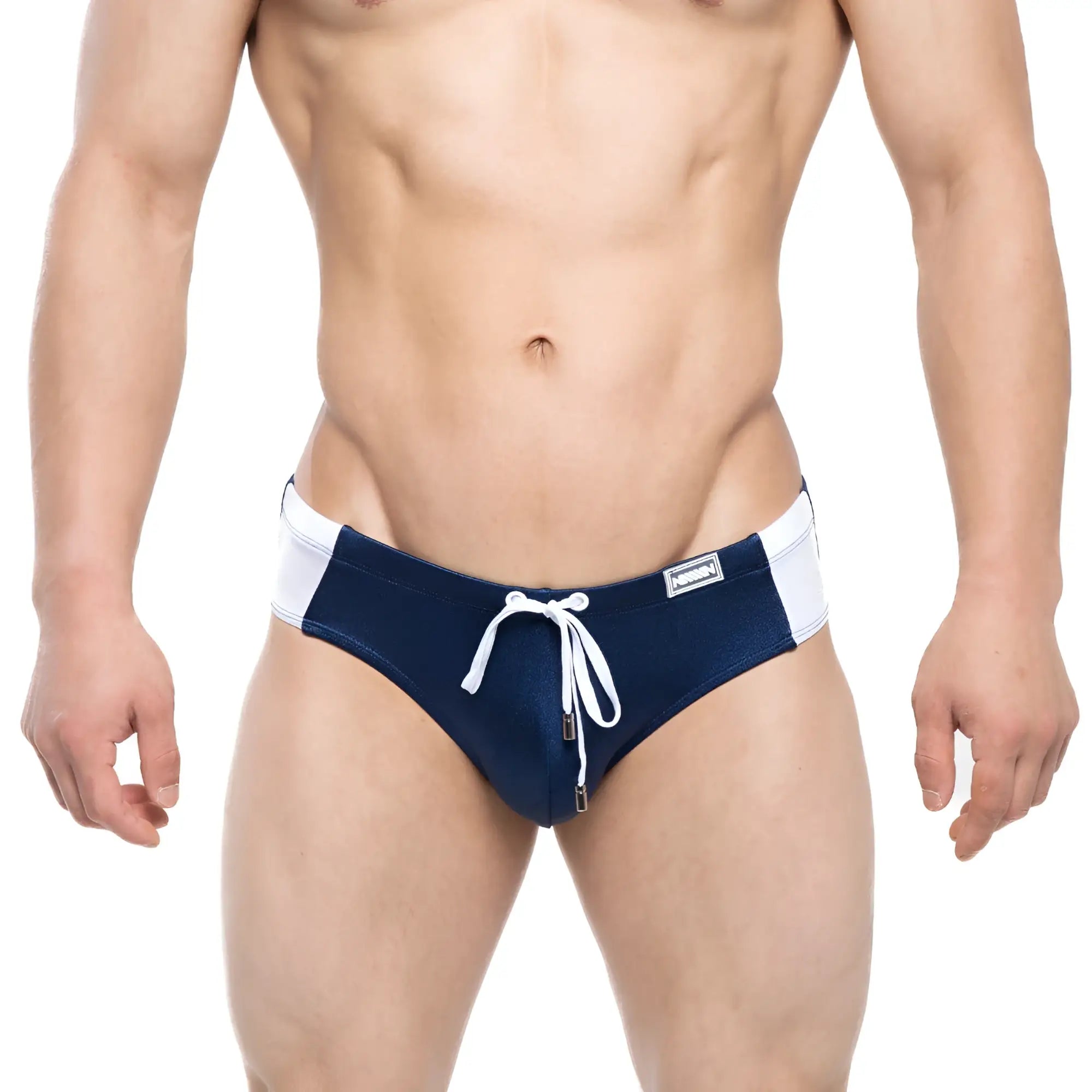 MetroMaleWear Versity navy swim trunks with white accents, drawstring waistband, and zipper closure for men