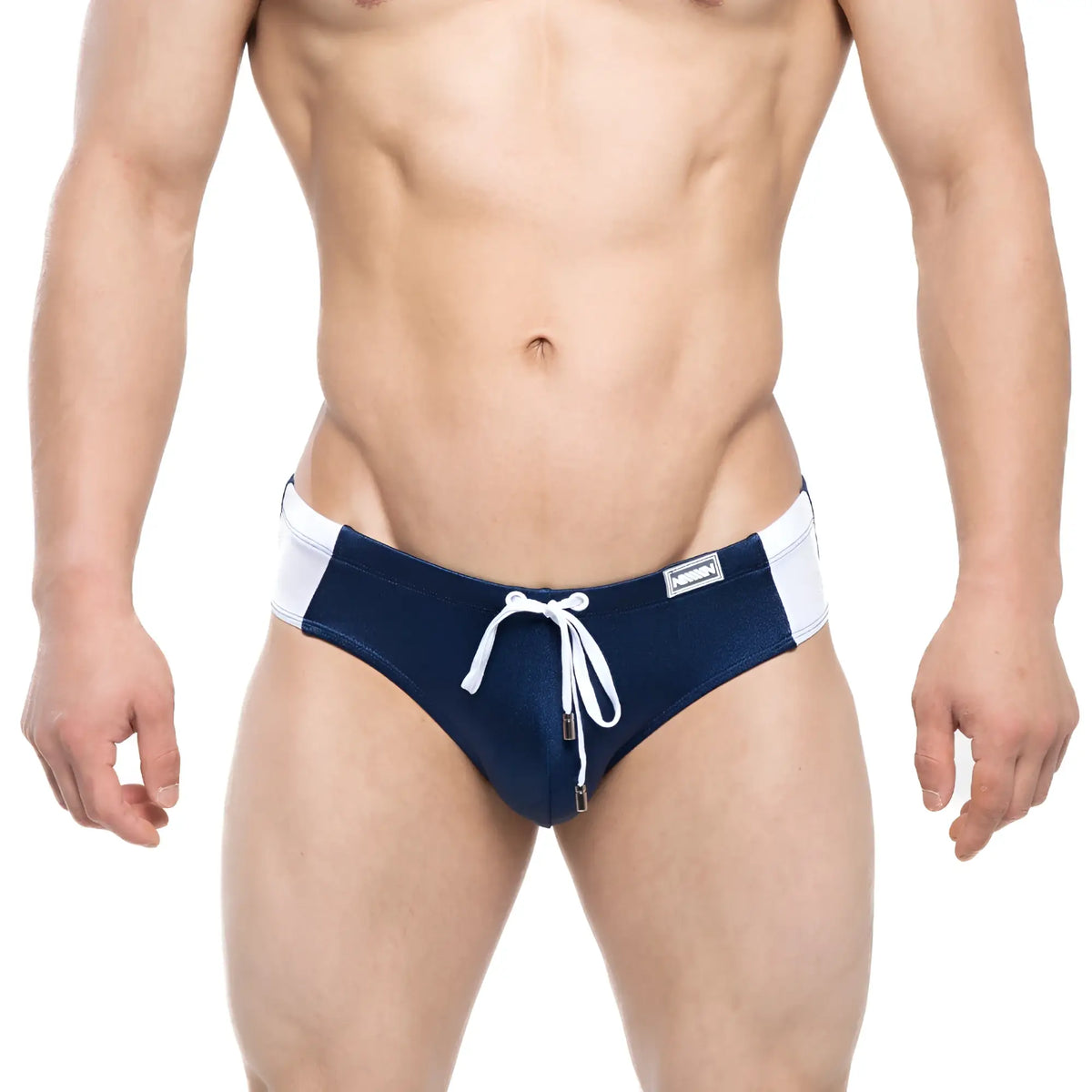MetroMaleWear Versity navy swim trunks with white accents, drawstring waistband, and zipper closure for men