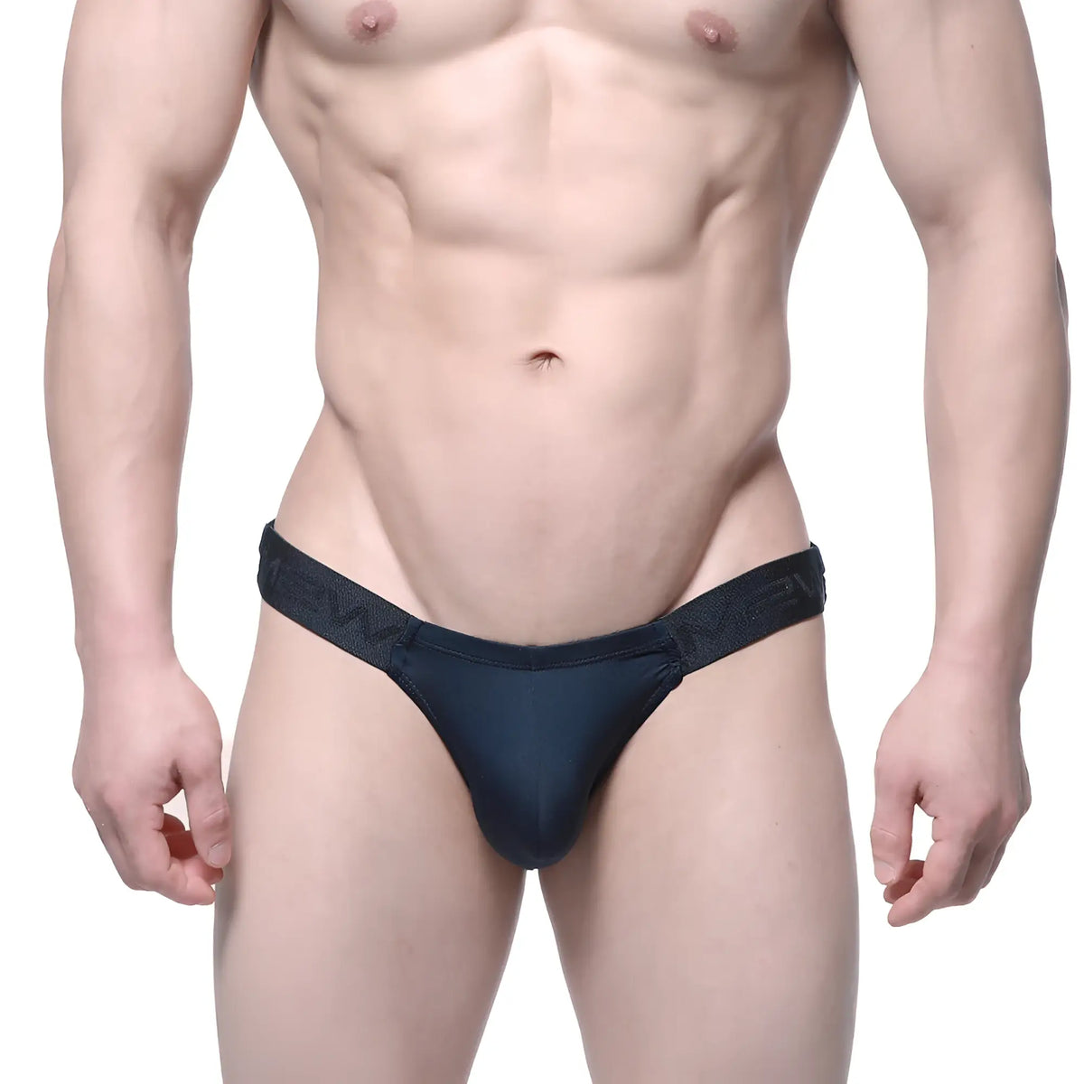 Black form-fitting thong with textured waistband by metromalewear veus bikini 3603-19 shown from the back side