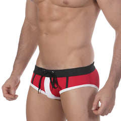 MetroMaleWear Victory Swim Brief 4916-79 red and white swim trunks with black waistband and matching drawstring
