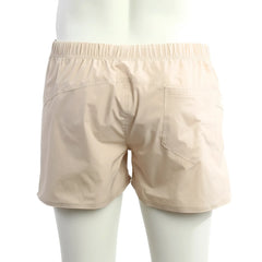 Beige metro male wear viena shorts with elastic waistband and single back pocket shown from the back side