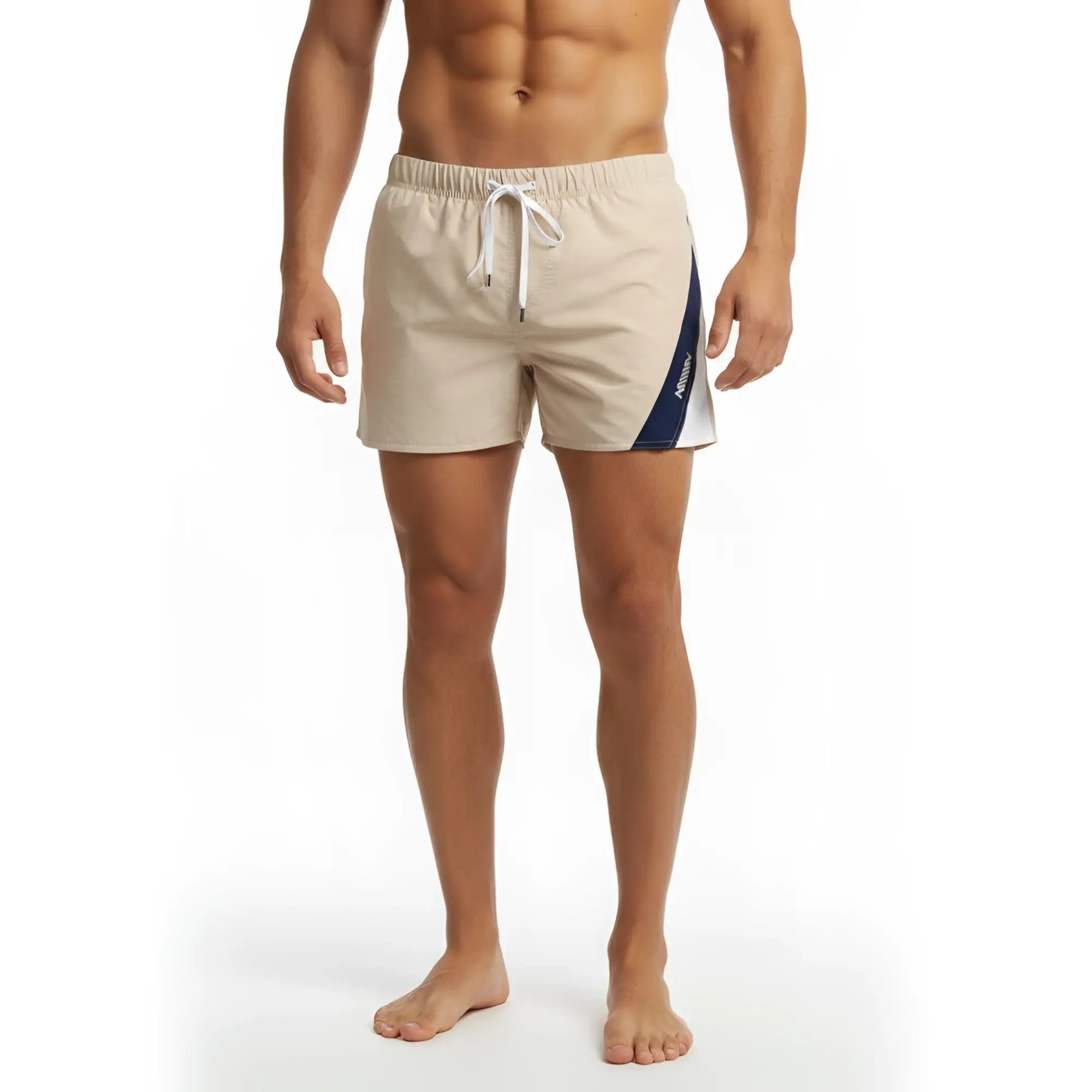 Beige swim trunks metroMalewear viena short 4715-04 with navy white diagonal stripe and elastic waistband with drawstrings