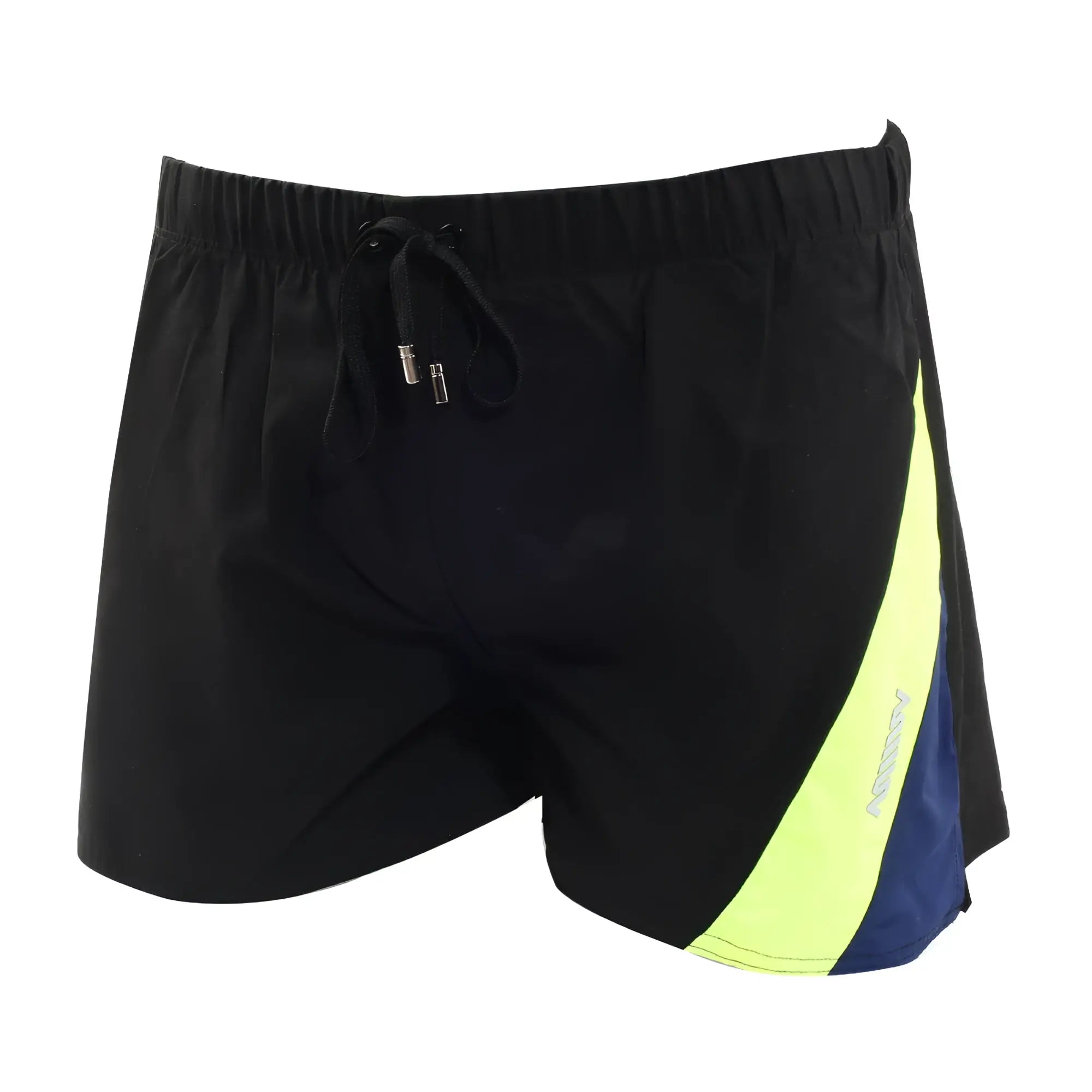 MetroMaleWear Viena short black athletic shorts with neon yellow and navy blue diagonal stripe and elastic waistband