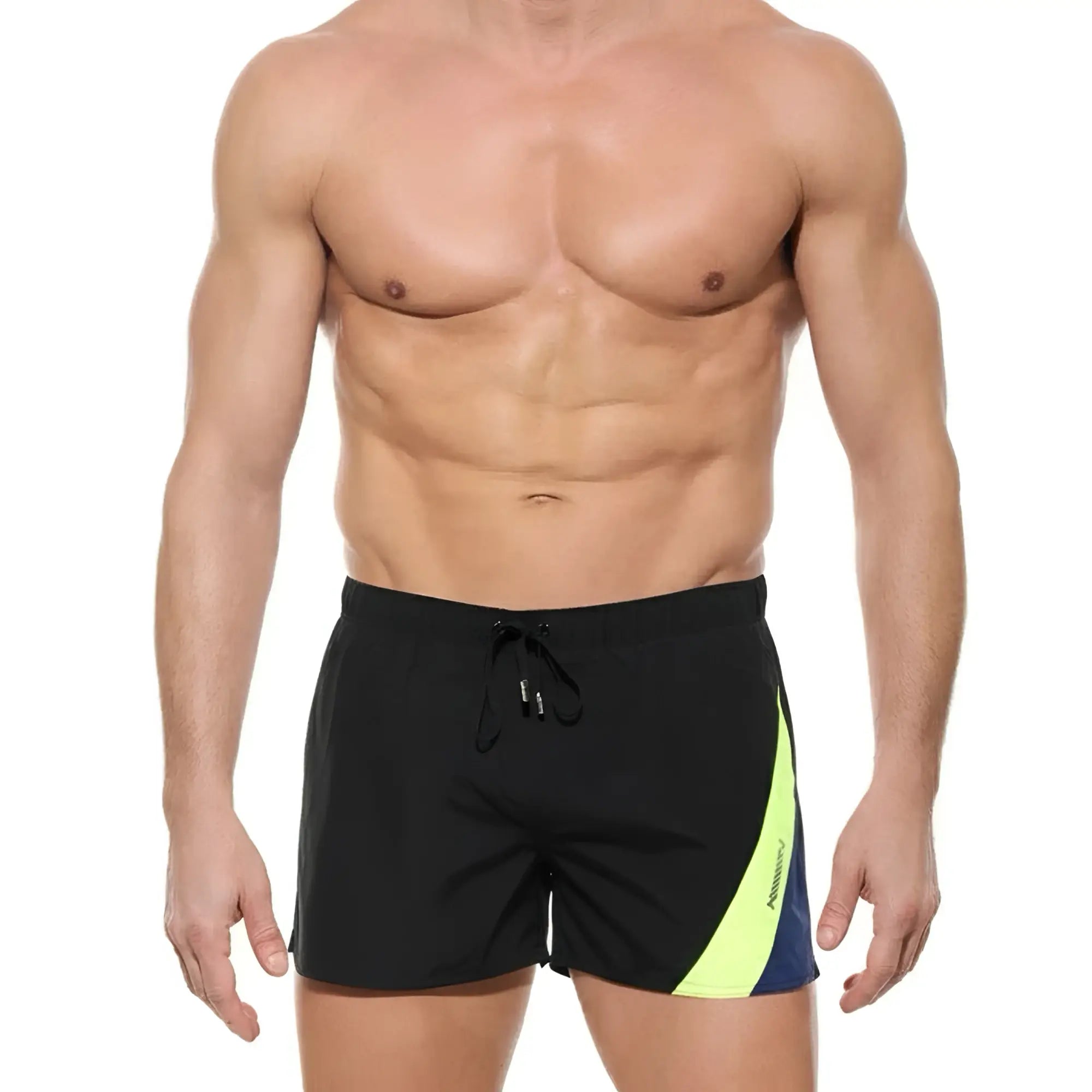 MetroMaleWear Viena Short black swim trunks with vibrant neon yellow and navy blue diagonal side stripe for men
