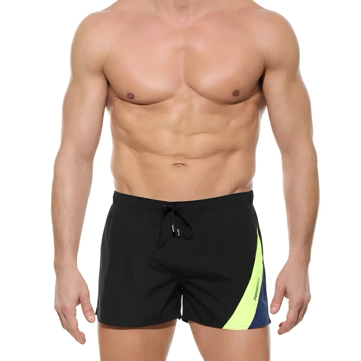MetroMaleWear Viena Short black swim trunks with vibrant neon yellow and navy blue diagonal side stripe for men