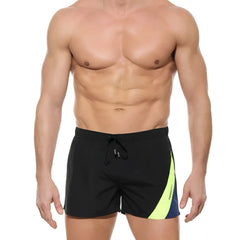 MetroMaleWear Viena Short black swim trunks with vibrant neon yellow and navy blue diagonal side stripe for men
