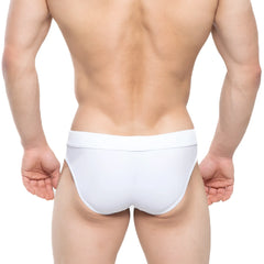 White metro malewear villena swim bikini briefs with smooth form fitting design and minimalist aesthetic