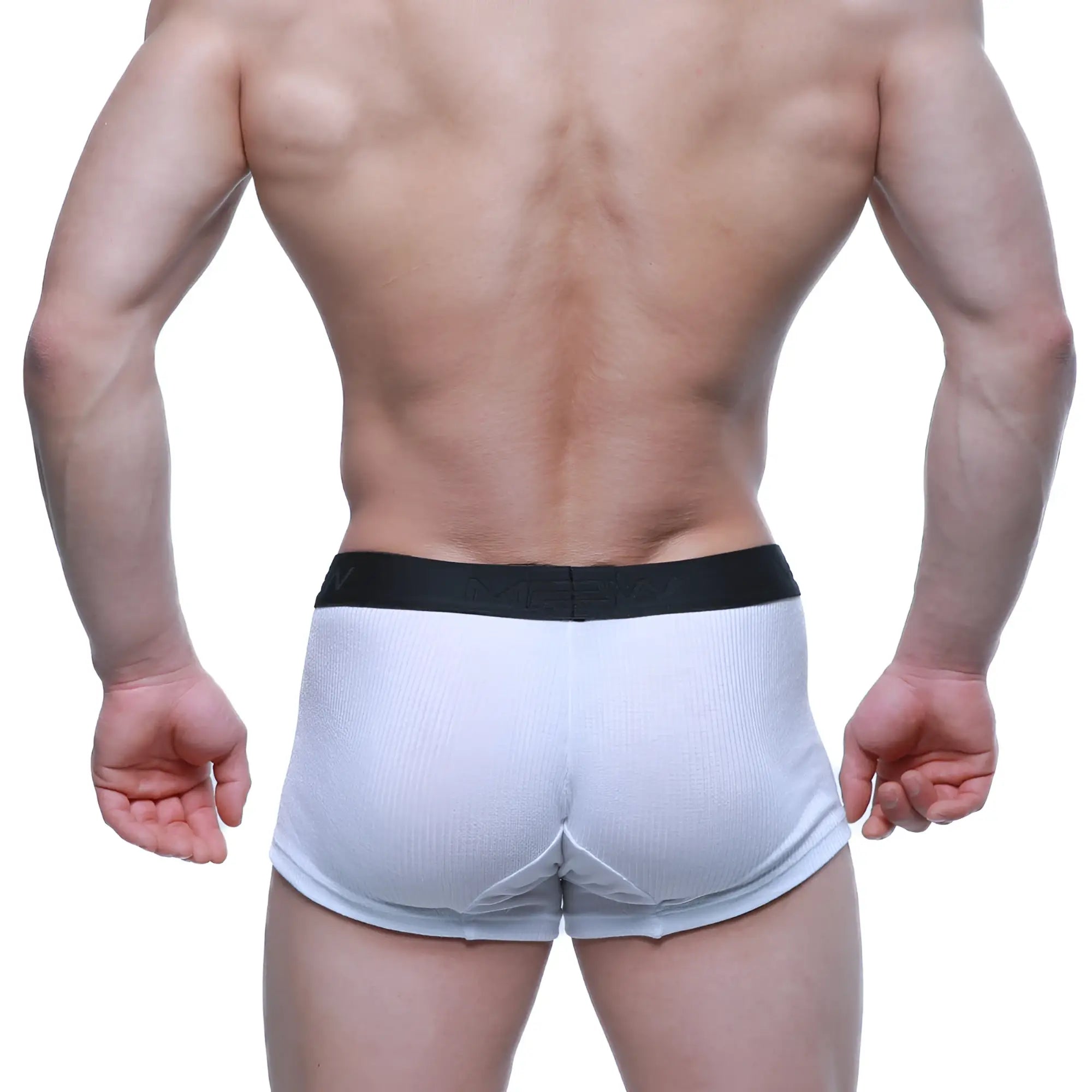 White ribbed cotton boxer briefs with a black elastic waistband from MetroMaleWear Voltz collection