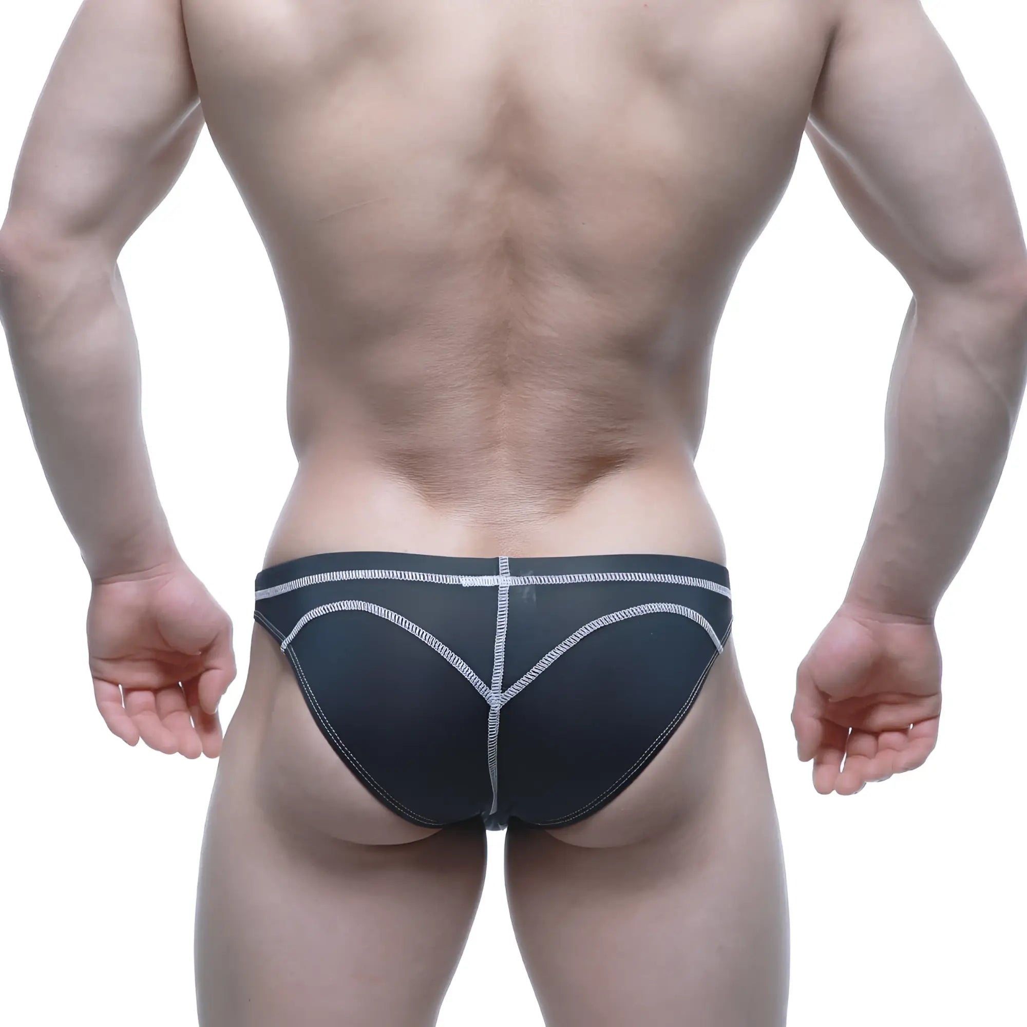 MetroMalewear WAHOO SHEER swim bikini black 4989-S20 showing back with white stitching heart pattern briefs