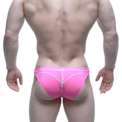MetroMaleWear WAHOO sheer swim bikini in neon pink with bright pink form-fitting briefs and white stitching along seams