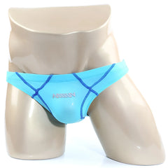 Light blue MetroMaleWear WAHOO SHEER swim bikini with navy stitching and subtle front logo in breathable fabric