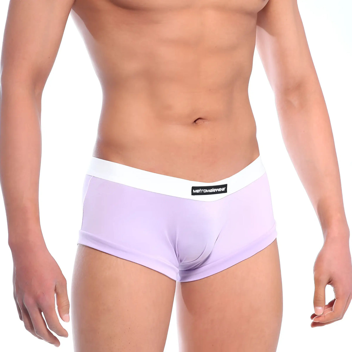 Light purple men’s briefs with white waistband featuring mettamalewear label from metromalewear waistband boxster violet