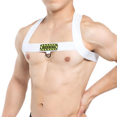 White MetroMaleWear harness with yellow and black warning patch across the chest for safety and style
