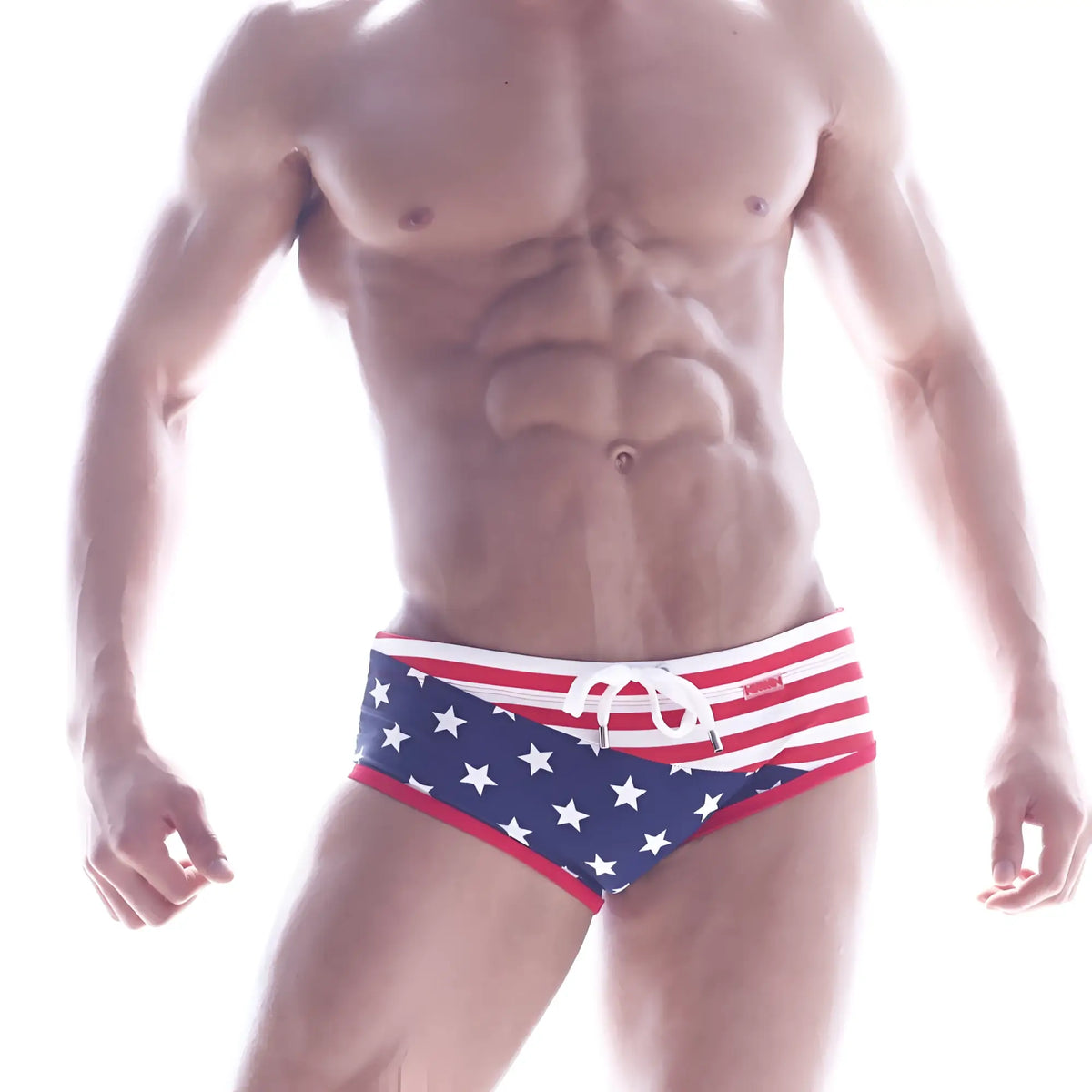 Metro malewear wave swim brief patriot 4918-90 american flag-themed swim trunks with red white and blue star pattern