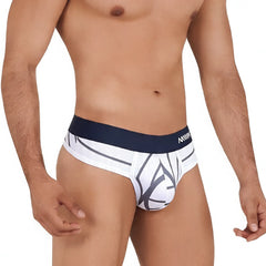 White briefs with navy blue waistband featuring anw branding and dark gray geometric lines metro male wear web thong 5012-40