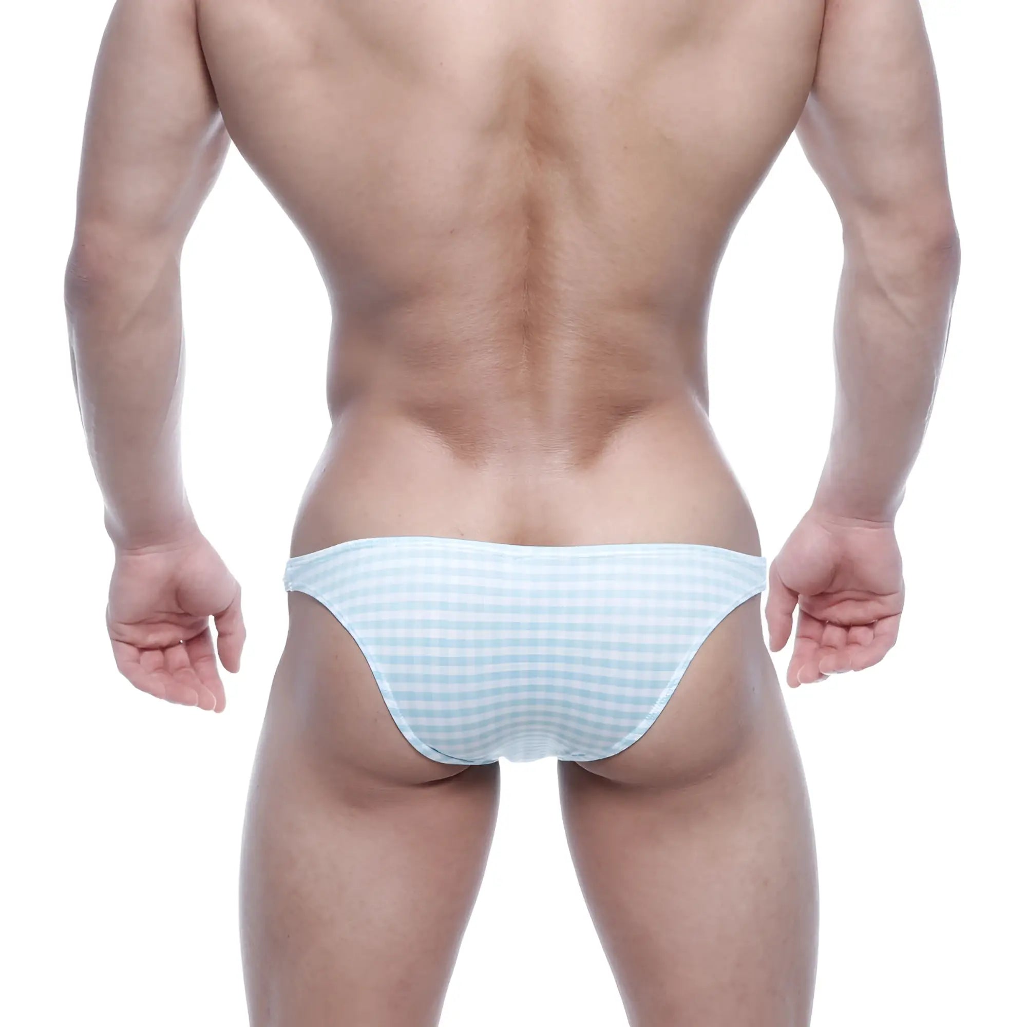 Light blue and white checkered swim trunks by metromalewear xtreme bikini blue plaid 6005-43 for swimming
