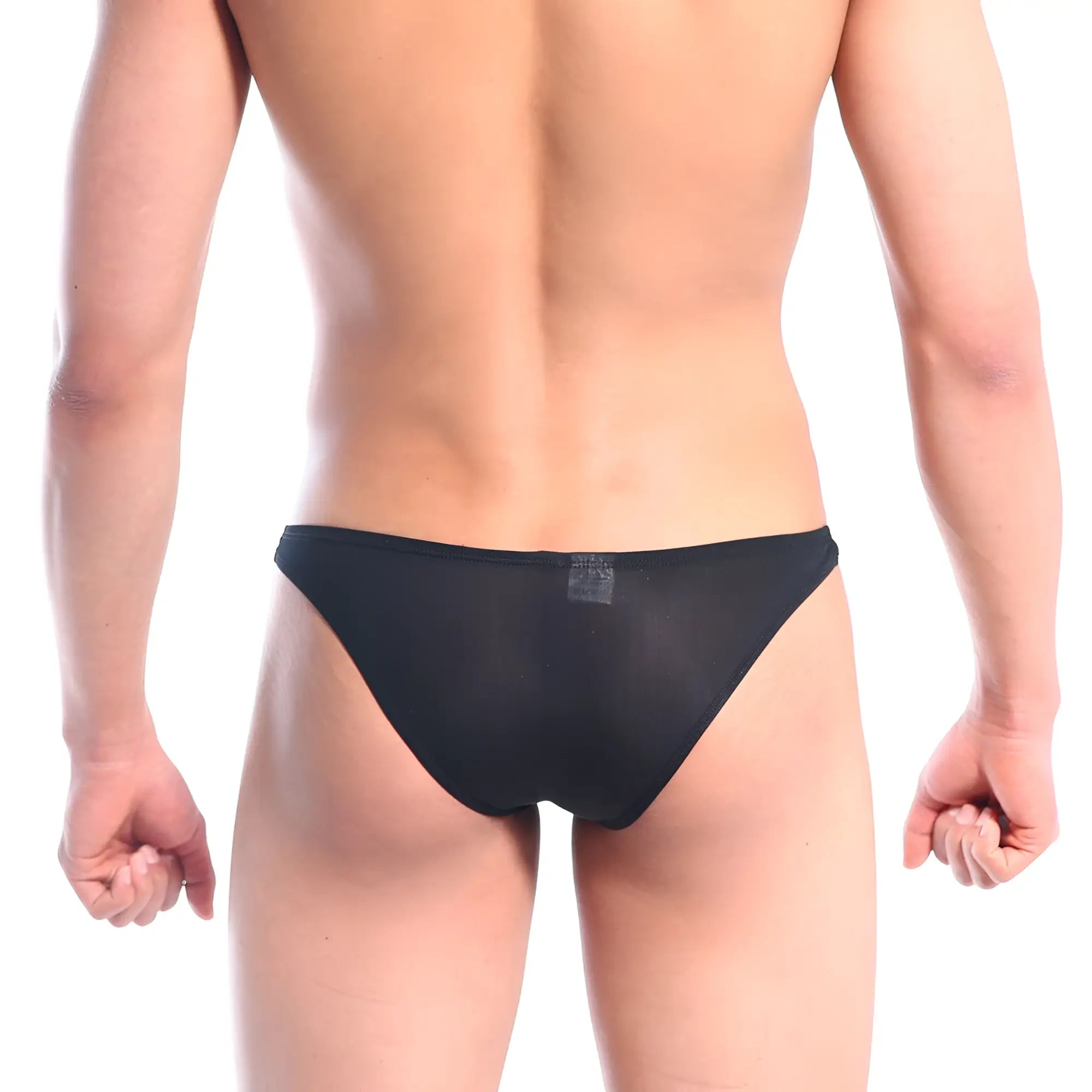 Back view of metromalewear xtreme bikini pink 6005-01 black mesh briefs with subtle sheen and small rectangular label