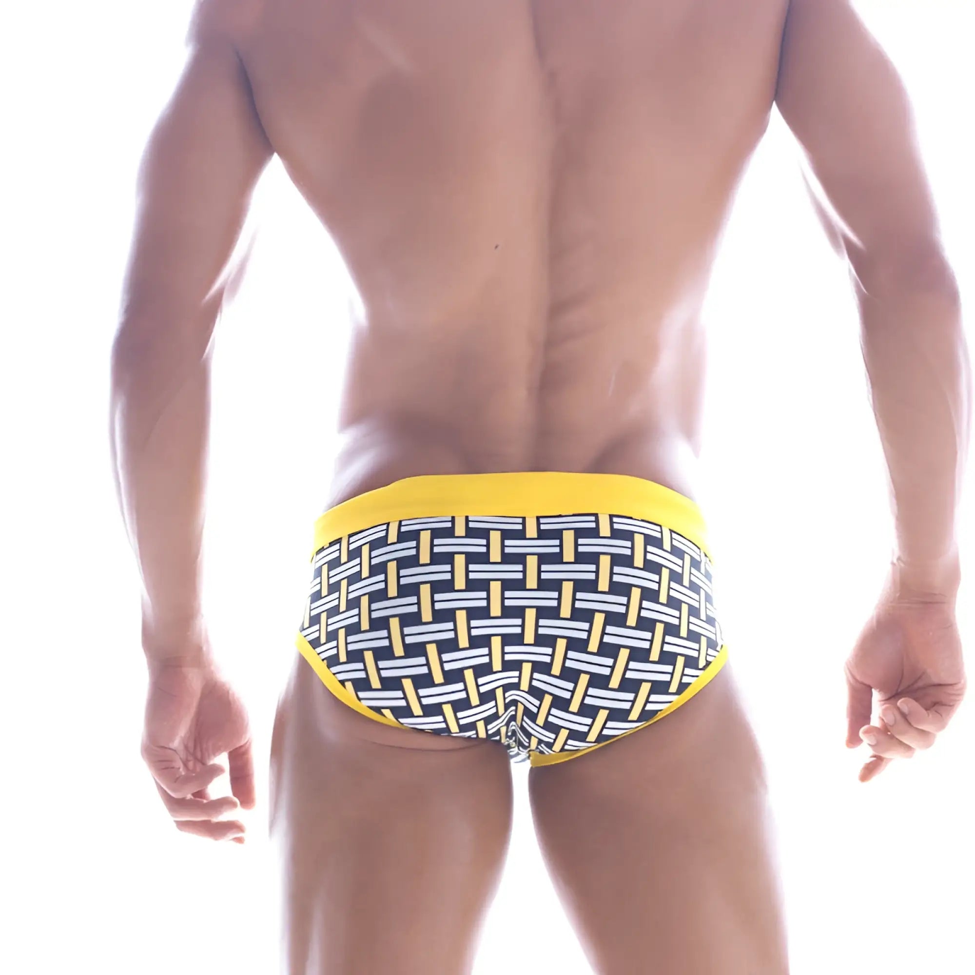 MetroMaleWear yellow colander swim brief 4916-31 swim trunks with black patterned woven design for men’s beachwear