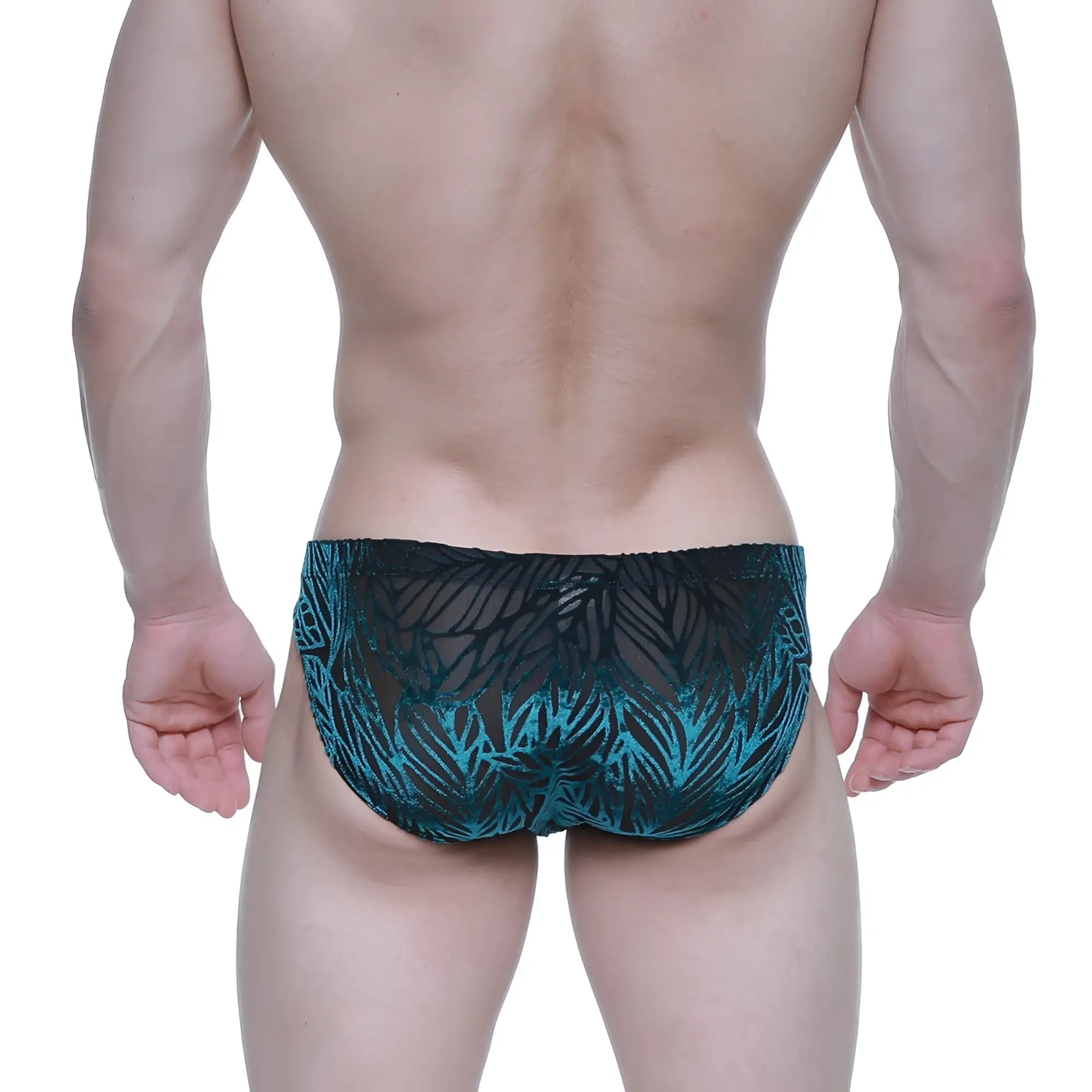 Teal and black leaf-patterned mesh swim trunks from MetroMaleWear Zafiro Bikini 5103-M67