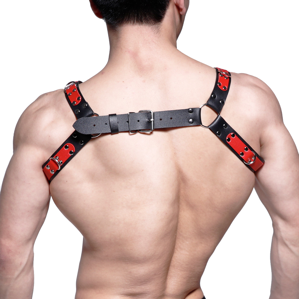 MetroMaleWear leather harness red mh2 in black and red leather with silver toned metal hardware for stylish wear