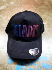 Black baseball cap with miami embroidered in gradient rainbow thread on the front perfect for casual wear