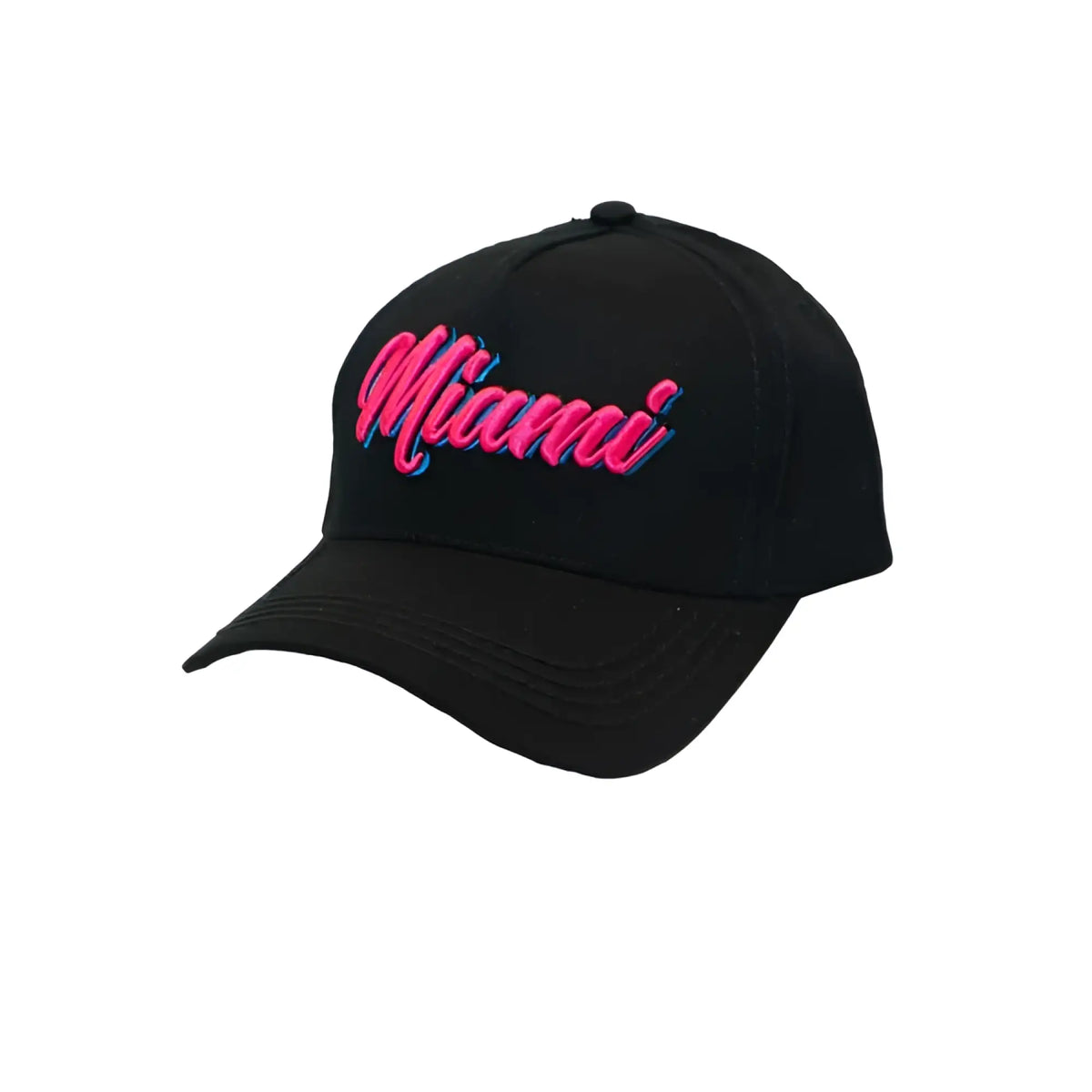 Black cotton Miami baseball cap with vibrant pink and blue embroidered script on the front for casual wear