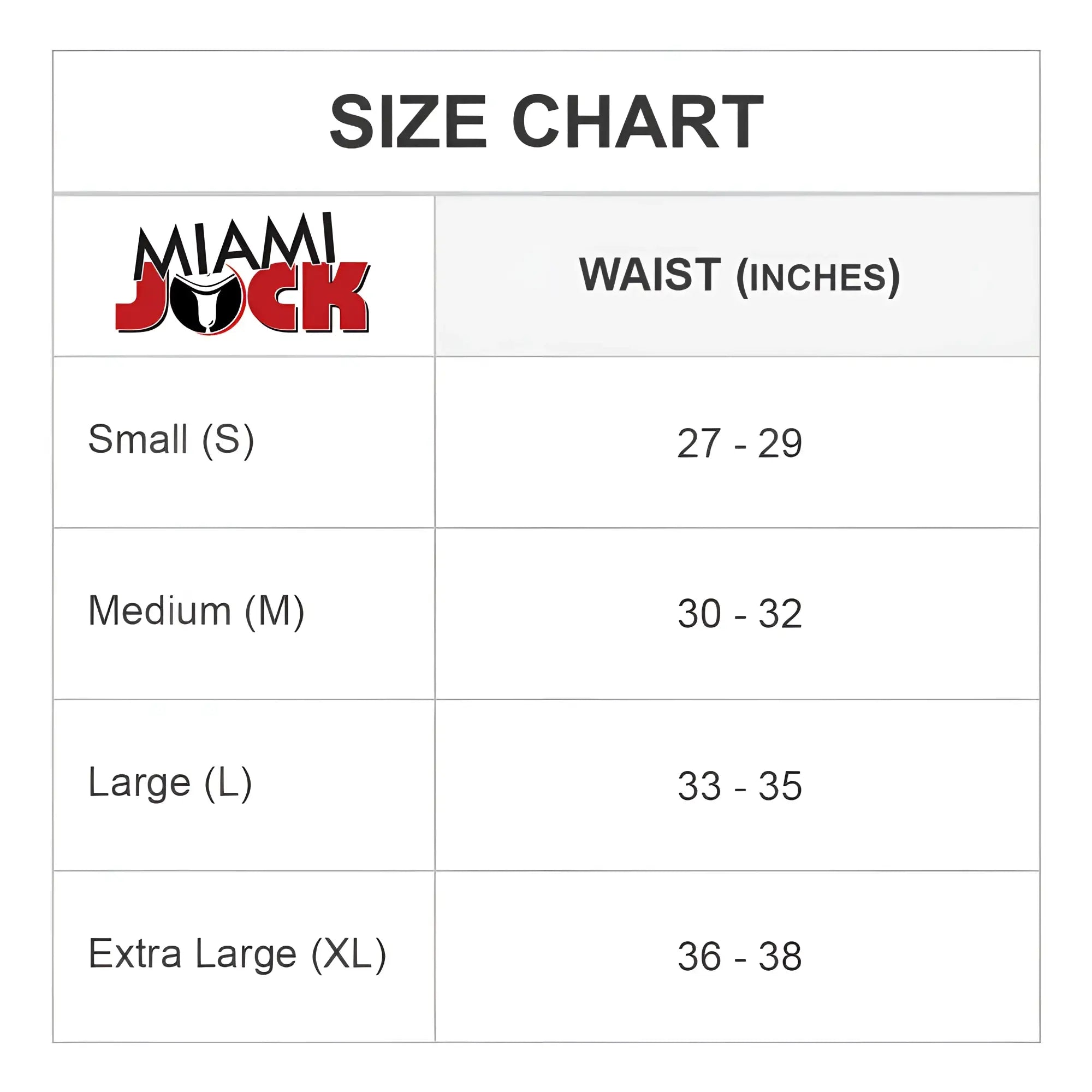 Miami jock MJL021 G-string size chart showing waist measurements in inches for accurate fit selection