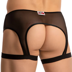 Black mesh briefs with black elastic straps and Miami Jock label for a stylish supportive accessory MJU008