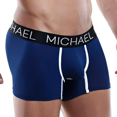 Navy blue michael kors boxer trunk with white side stripes and black waistband featuring bold brand lettering