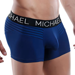Blue michael kors boxer trunk with black waistband featuring white michael lettering and subtle horizontal stripes