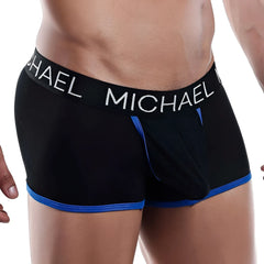 Black michael mlg012 boxer trunk briefs with blue trim and white lettering on waistband for comfortable support