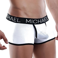 White michael mlg012 boxer trunk briefs with black trim and breathable mesh panel for comfortable wear