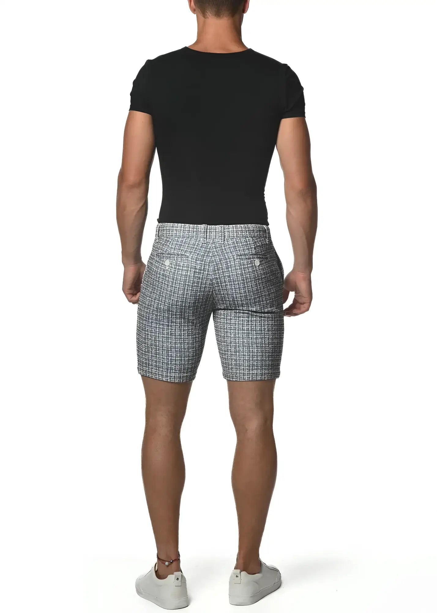 Gray and white micro check stretch knit shorts with tailored fit for comfortable casual wear