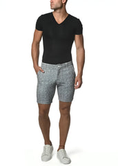 Gray and white plaid micro check stretch knit shorts with a classic tailored fit for comfortable casual wear