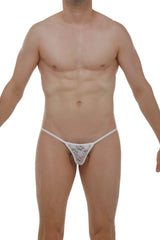 White lace micro g-string thong with delicate floral pattern and thin elastic waistband shown from the back side