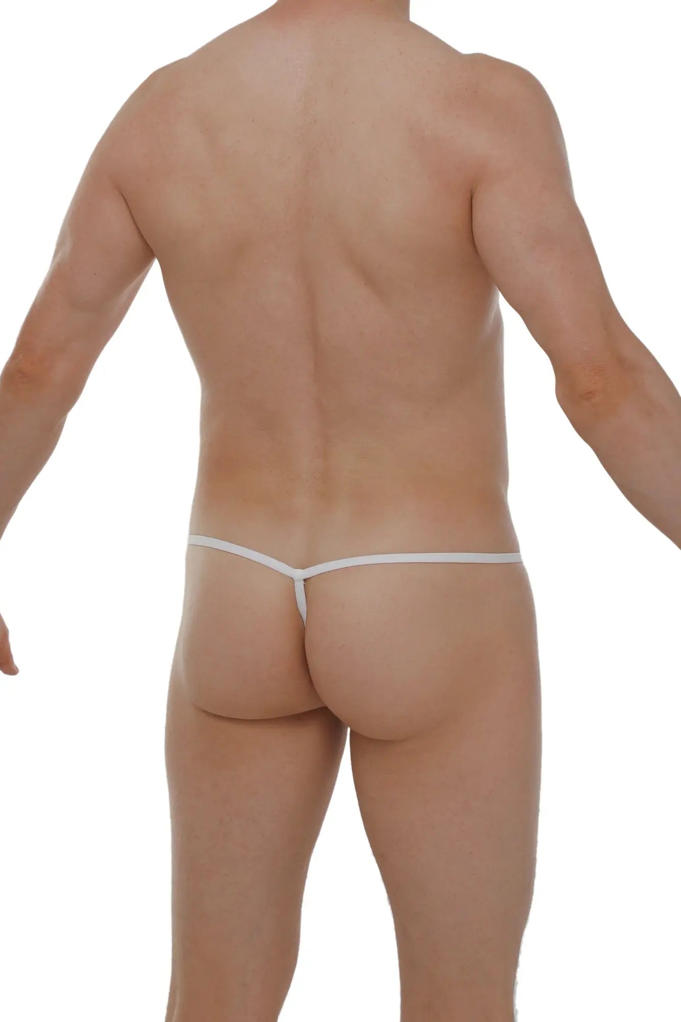 White thong micro g-string with a thin seamless lace design showing the back side of the product