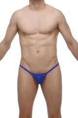 Blue micro g-string thong with small logo on front designed for minimal coverage and comfortable fit