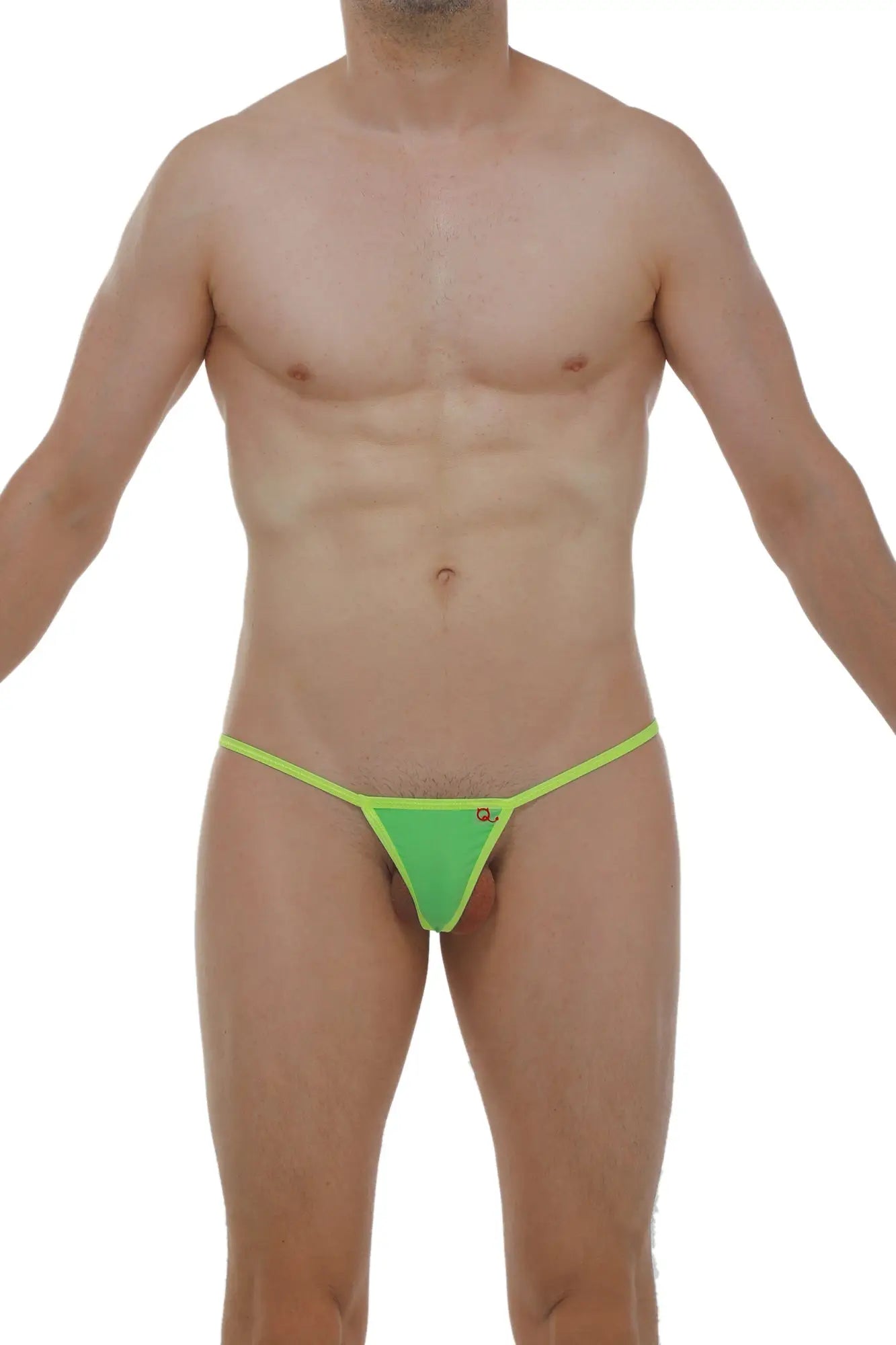 Micro g-string neon green bright green thong with neon yellow trim showing the front side details
