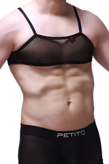 Black sheer mesh bra with black straps and a small red logo on the upper left side micro tank net black