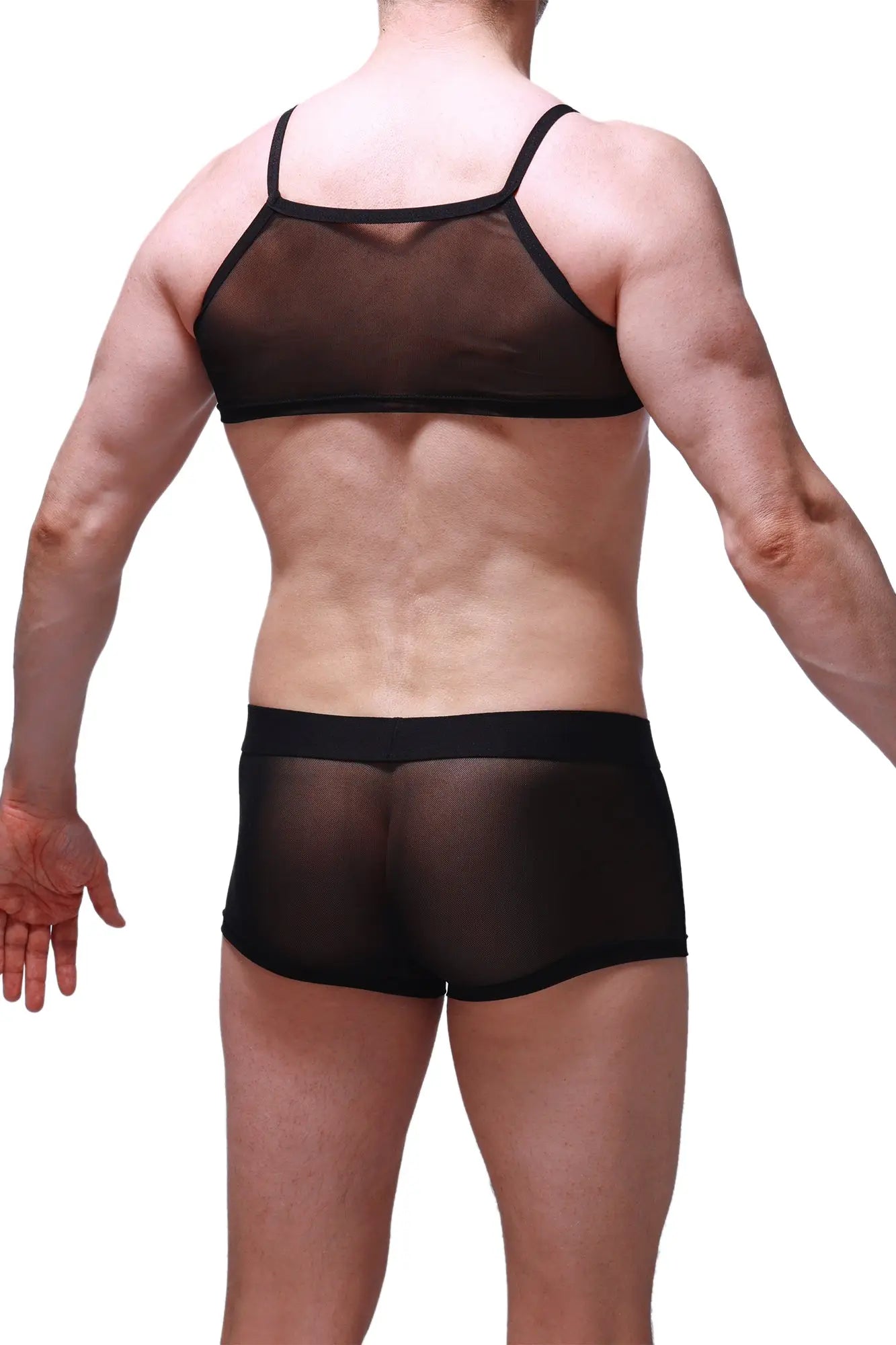 Black sheer mesh micro tank net two-piece underwear set with black elastic trim showing front side