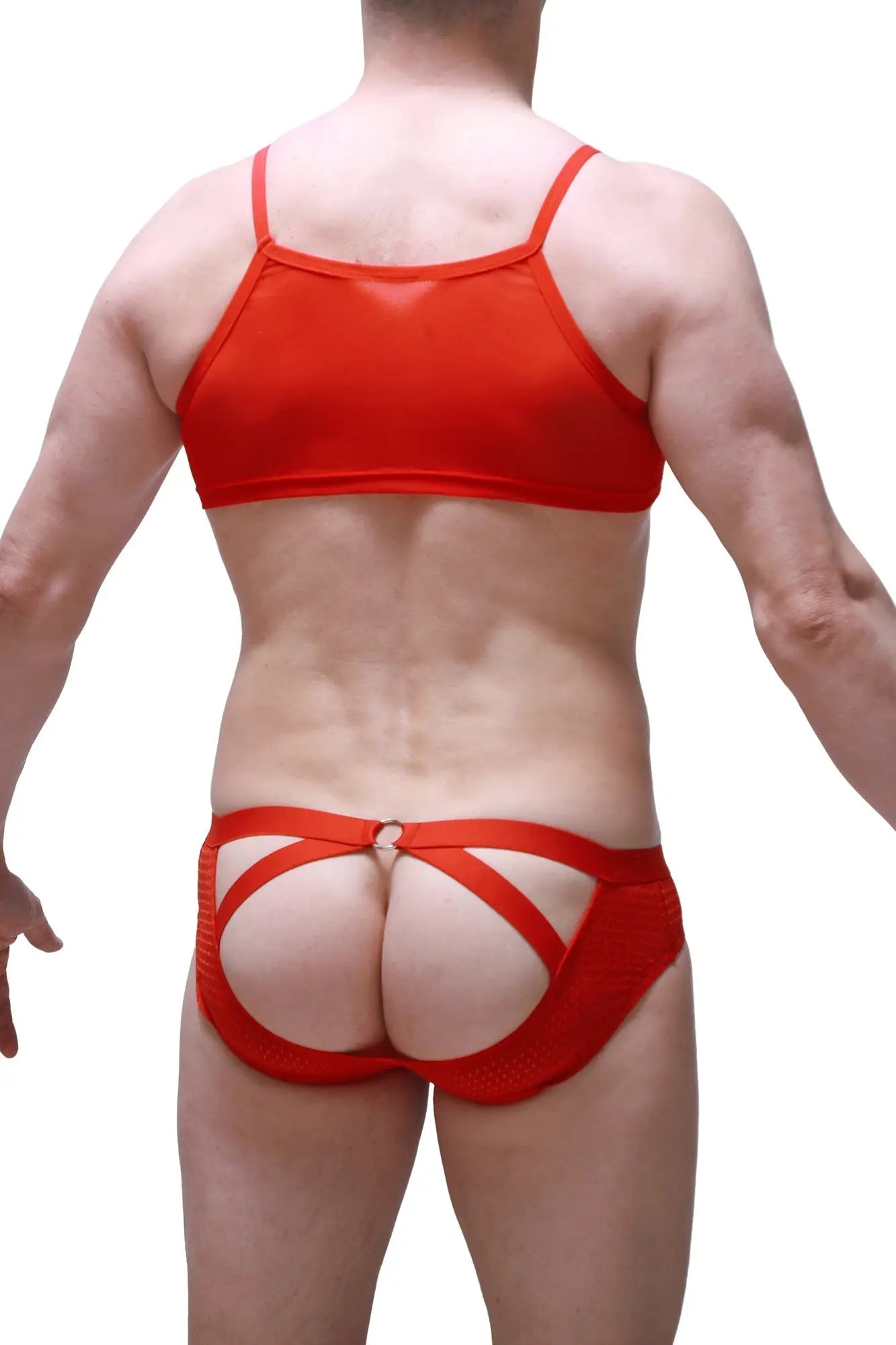 Red mesh micro tank net briefs with crisscross back straps showing the back side of the product